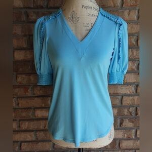 Hale Bob Smocked Blue 3/4 Sleeve Blouse With Ruffle Detai